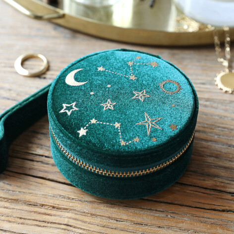 Starry Night Velvet Mini Round Jewellery Case in Teal